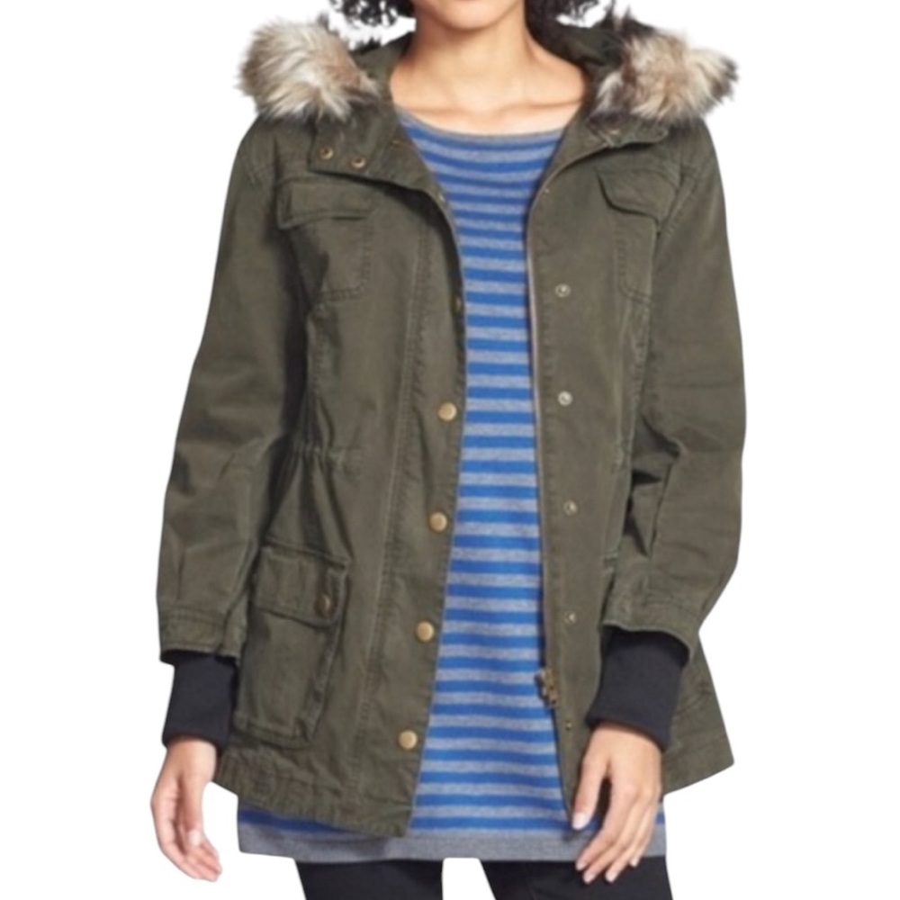Halogen Army Green Hooded UtilityJacket  with Faux Fur Trim S